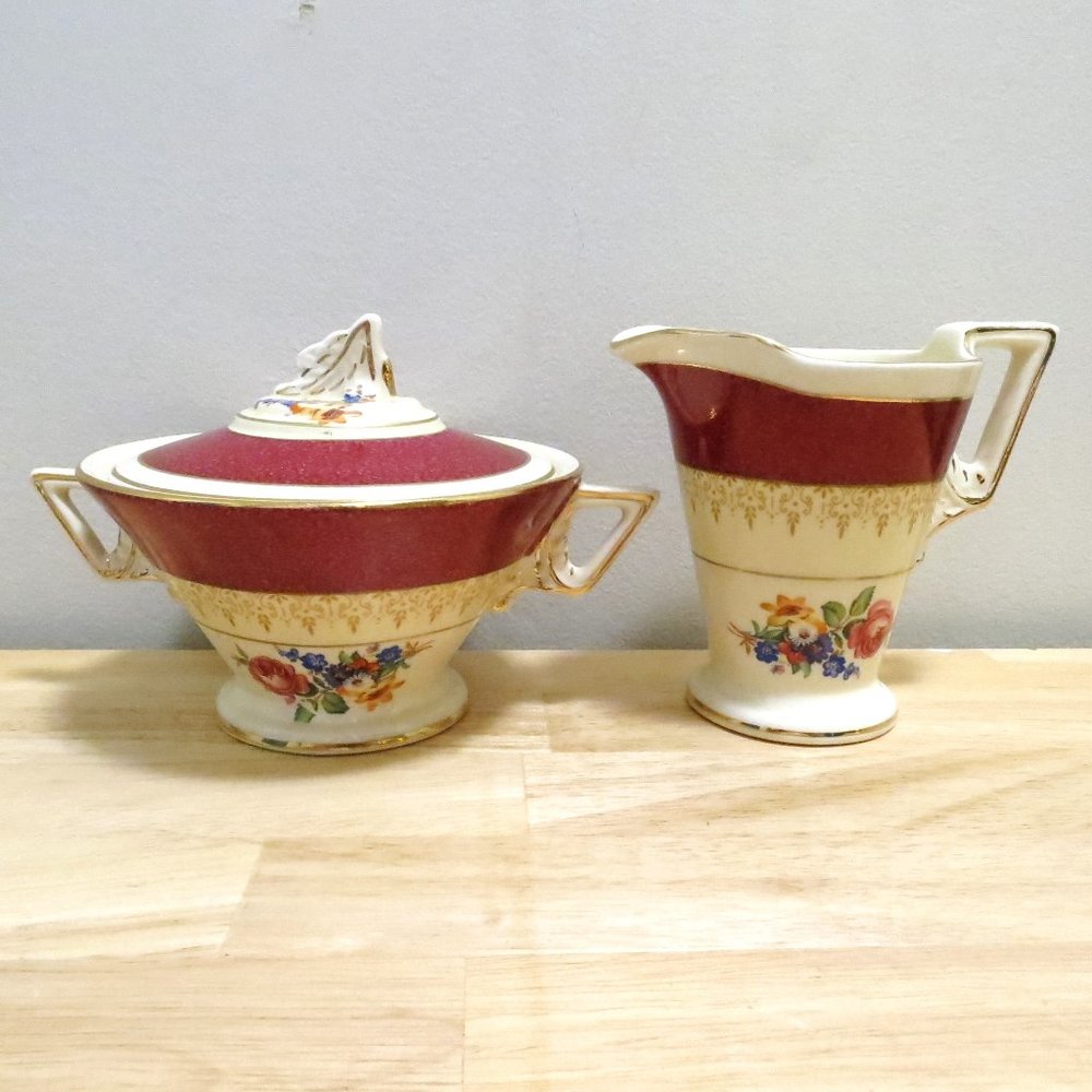 Burleigh Ware Creamer and Sugar Bowl Burgess & Leigh 5594 Burgundy Zenith Shape